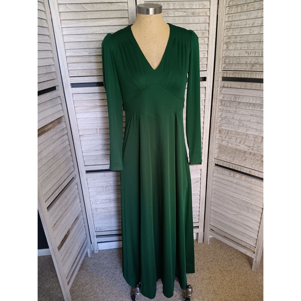 Vintage Peck & Peck Green Gown Maxi Dress V-Neck Long Slv. Zip Tie Easy Elegance